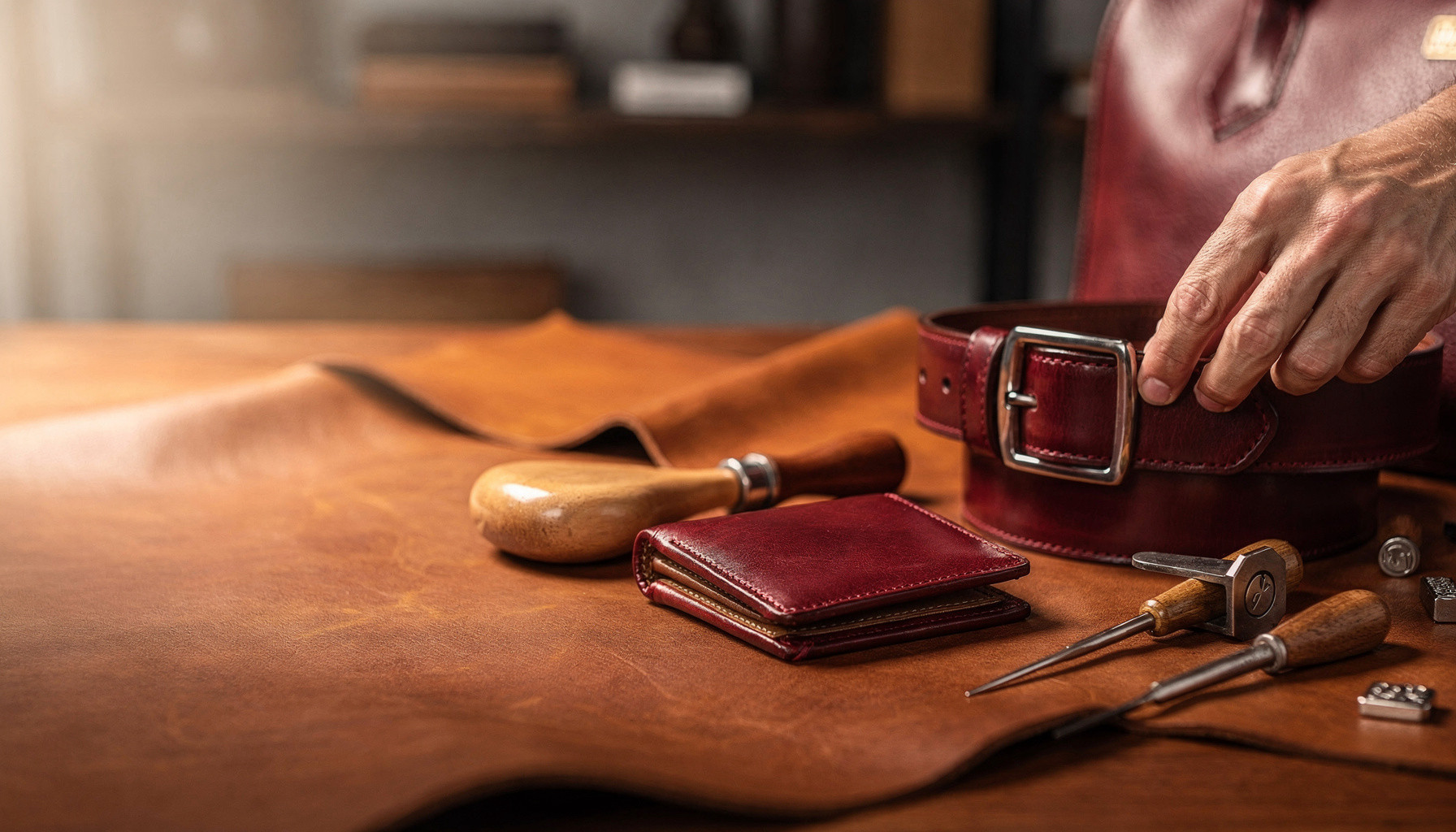 Leather King — handcrafted leather goods wallets belts handbags custom personalized items website built with WebZum AI website creator