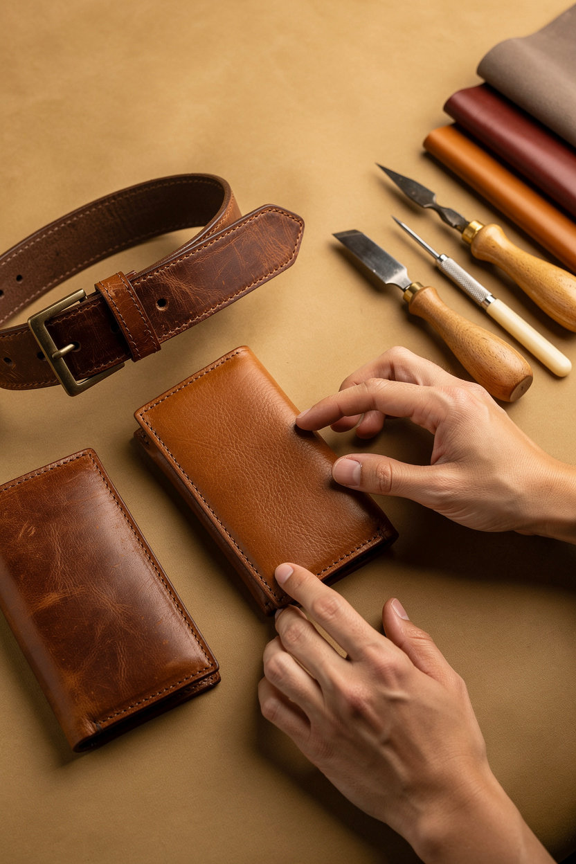 Leather King handcrafted leather goods showing rich patina and aging character of premium Italian and French leather