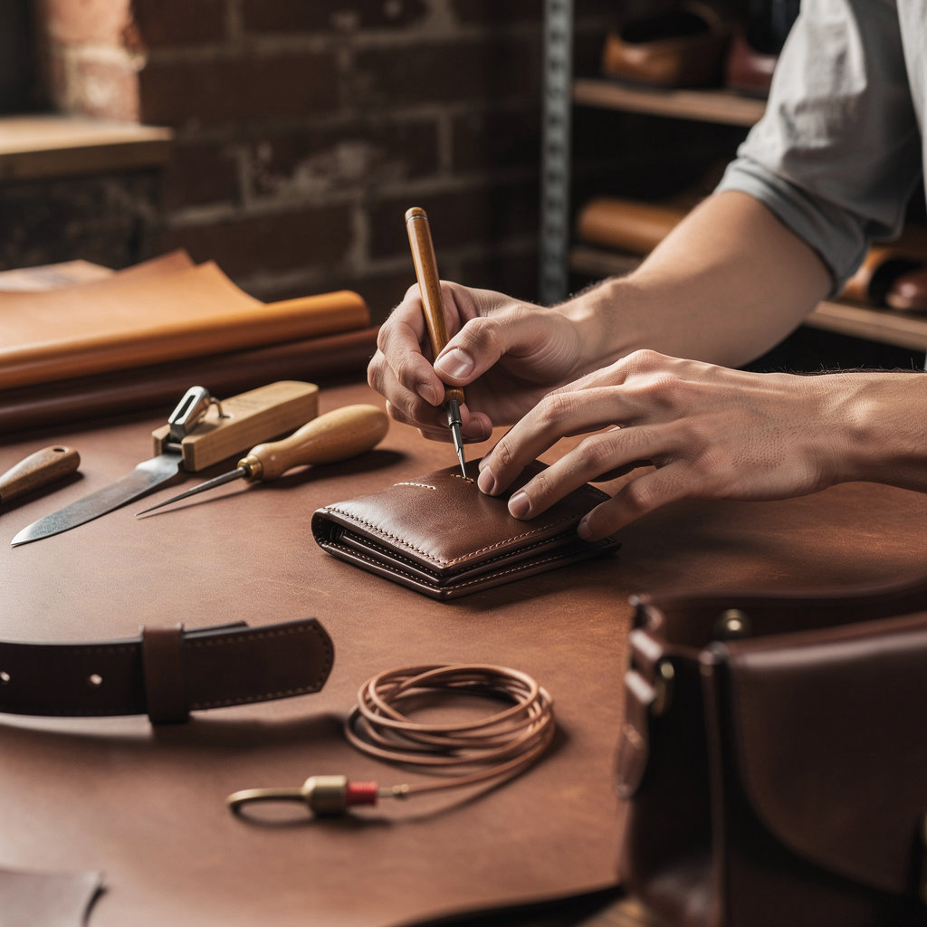 Leather King artisan workspace showcasing handcrafted leather goods and premium materials in NYC