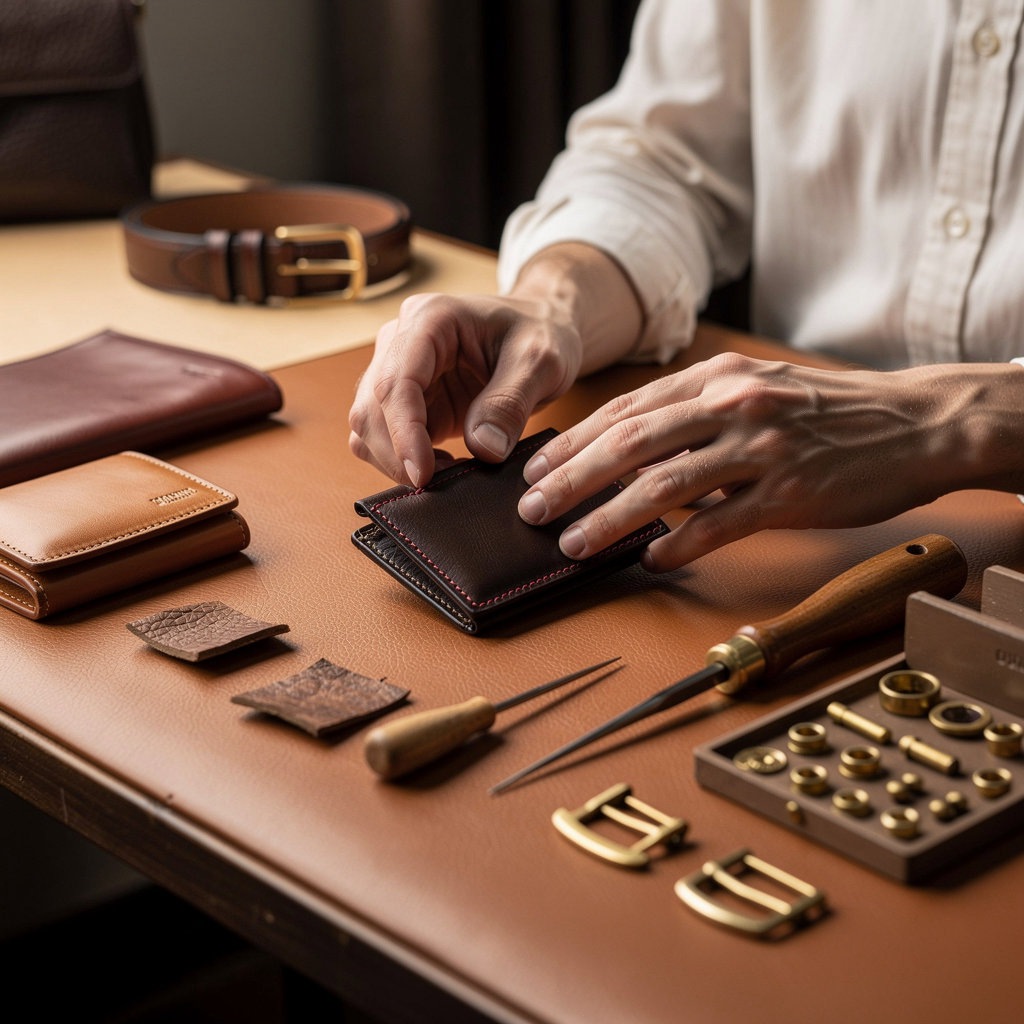 Leather King artisan craftsmanship - premium Italian and French leather materials, hand-stitching, and traditional techniques for handcrafted leather goods