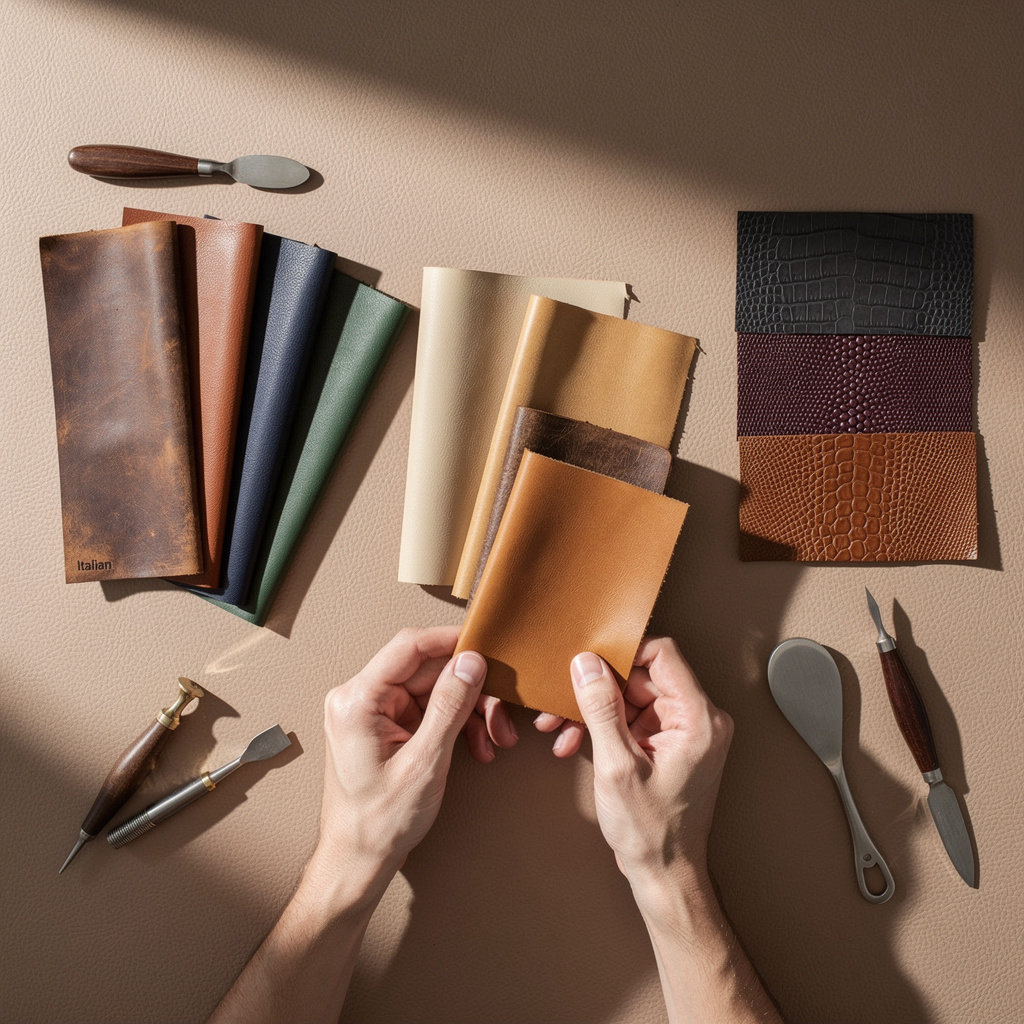 Leather King handcrafted leather types - Italian full-grain and French vegetable-tanned materials for custom wallets, belts, and handbags in NYC